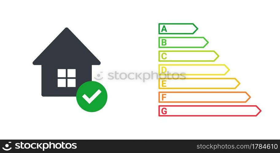 Energy efficiency. Energy efficient house with check mark. Green house symbol with energy rating. Vector illustration