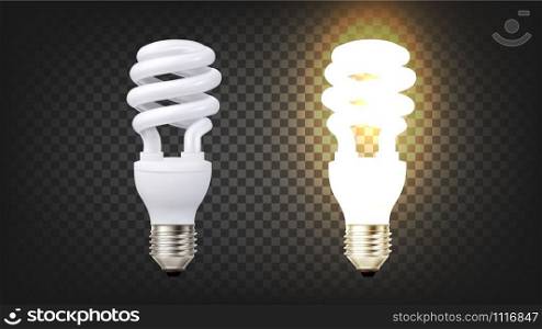 Energy Efficiency Fluorescent Lamp Cfl Vector. Illuminating Modern Low-energy Fluoresent Electric Light-bulb Radiate Ultraviolet Light For Lower Energy Level. Layout Realistic 3d Illustration. Energy Efficiency Fluorescent Lamp Cfl Vector