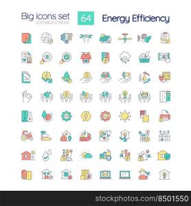 Energy efficiency RGB color icons set. Power conservation. Sustainability. Isolated vector illustrations. Simple filled line drawings collection. Editable stroke. Quicksand-Light font used. Energy efficiency RGB color icons set
