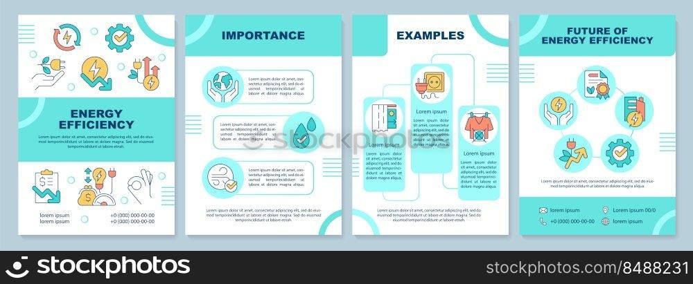 Energy efficiency turquoise brochure template. Leaflet design with linear icons. Editable 4 vector layouts for presentation, annual reports. Arial-Black, Myriad Pro-Regular fonts used. Energy efficiency turquoise brochure template