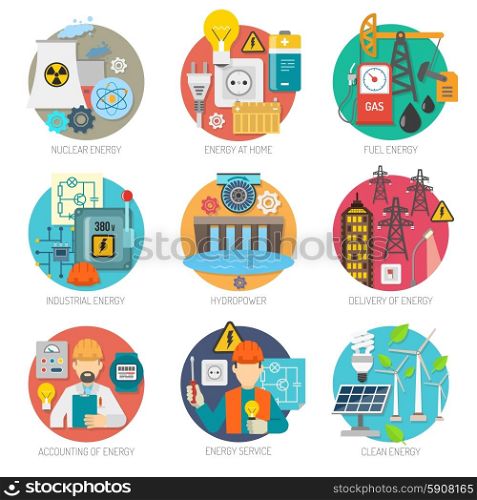 Energy flat icons composition set. Energy concept flat round icons composition collection of clean power generation and transmission abstract vector isolated illustration