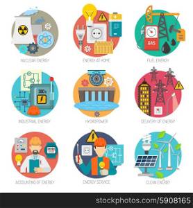 Energy flat icons composition set. Energy concept flat round icons composition collection of clean power generation and transmission abstract vector isolated illustration