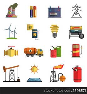 Energy generating and storing systems with high power sustainable batteries flat icons set abstract isolated vector illustration. Energy power flat icons set 