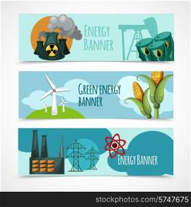 Energy horizontal banner set with oil nuclear green wind electricity power station elements isolated vector illustration