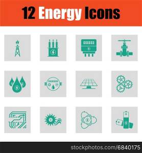 Energy icon set. Green on gray design. Vector illustration.