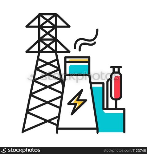 Energy industry blue color icon. Power engineering. Electricity generation and transmission. Electrical sector. Nuclear power plant and high voltage tower. Isolated vector illustration