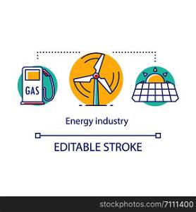 Energy industry concept icon. Power sector. Traditional and renewable energy. Production and sale of fuel and electricity idea thin line illustration. Vector isolated outline drawing. Editable stroke