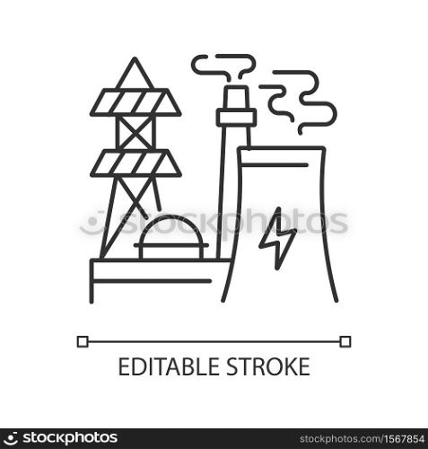 Energy industry linear icon. Electricity manufacturing thin line customizable illustration. Contour symbol. Modern power plant, electric station vector isolated outline drawing. Editable stroke. Energy industry linear icon