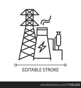 Energy industry linear icon. Power engineering. Electricity generation and transmission. Electrical sector. Thin line illustration. Contour symbol. Vector isolated outline drawing. Editable stroke