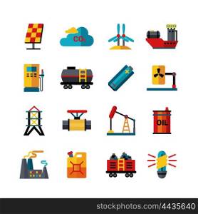 Energy Industry Production Flat Icons Set. Energy industry oil electricity and fuel production and transportation flat icons collection abstract isolated vector illustration