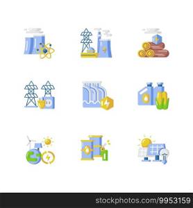 Energy industry vector flat color icon set. Nuclear production. Energy industry. Wood resource. Electric power system. Cartoon style clip art for mobile app pack. Isolated RGB illustration bundle. Energy industry vector flat color icon set