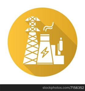 Energy industry yellow flat design long shadow glyph icon. Electricity generation and transmission. Electrical sector. Nuclear power plant and high voltage tower. Vector silhouette illustration