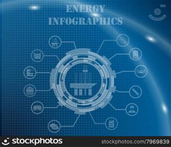 Energy Infographic Template From Technological Gear Sign, Lines and Icons. Elegant Design With Transparency on Blue Checkered Background With Light Lines and Flash on It. Vector Illustration.