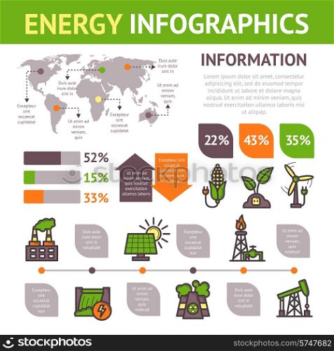 Energy infographics set with electricity manufacturing signs and charts vector illustration