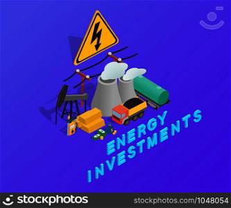 Energy investments clip art. Isometric clip art of energy investments concept vector icons for web isolated on purple background. Energy investments clip art, isometric style