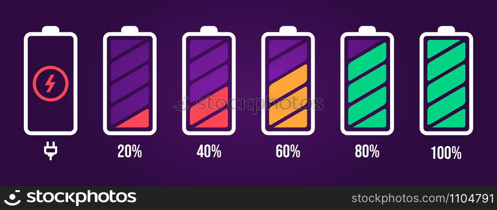 Energy level icon. Charge load, phone battery indicator, smartphone power level, accumulator energy empty and full status vector icons set. Stages of gadget recharging. Charging energy percent. Energy level icon. Charge load, phone battery indicator, smartphone power level, accumulator energy empty and full status vector icons set. Loading battery sign pack isolated on purple background