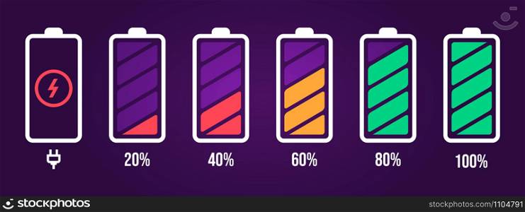 Energy level icon. Charge load, phone battery indicator, smartphone power level, accumulator energy empty and full status vector icons set. Stages of gadget recharging. Charging energy percent. Energy level icon. Charge load, phone battery indicator, smartphone power level, accumulator energy empty and full status vector icons set. Loading battery sign pack isolated on purple background