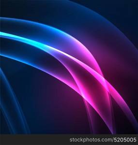 Energy lines, glowing waves in the dark, vector abstract background.