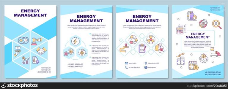 Energy management brochure template. Power resources. Booklet print design with linear icons. Vector layouts for presentation, annual reports, advertisement. Arial-Black, Myriad Pro-Regular fonts used. Energy management brochure template