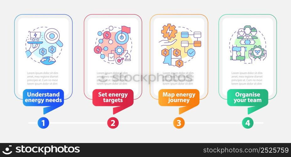 Energy management process rectangle infographic template. Data visualization with 4 steps. Process timeline info chart. Workflow layout with line icons. Myriad Pro-Bold, Regular fonts used. Energy management process rectangle infographic template