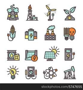 Energy manufacturing icons set with plug bulb pylon nuclear station isolated vector illustration