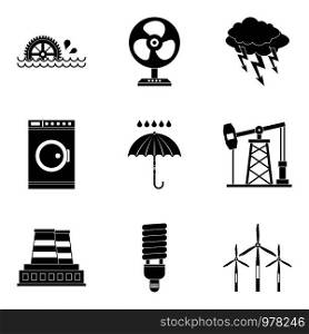 Energy of nature icons set. Simple set of 9 energy of nature vector icons for web isolated on white background. Energy of nature icons set, simple style