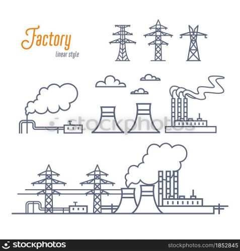 Energy plant or Industrial Factory icons set. Various electricity plant buildings, and transmission towers. Outline style vector illustration on white background. Energy plant or Industrial Factory icons set. Various electricity plant buildings, and transmission towers. Outline style vector illustration on white background.