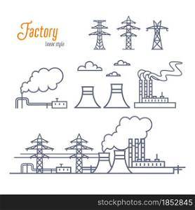 Energy plant or Industrial Factory icons set. Various electricity plant buildings, and transmission towers. Outline style vector illustration on white background. Energy plant or Industrial Factory icons set. Various electricity plant buildings, and transmission towers. Outline style vector illustration on white background.