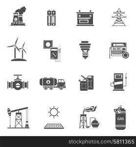Energy power black icons set . Environment friendly energy generating wind mills and solar power batteries black icons set abstract isolated vector illustration