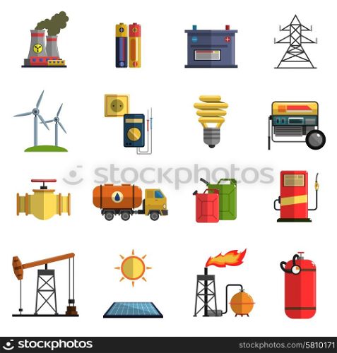 Energy power flat icons set . Energy generating and storing systems with high power sustainable batteries flat icons set abstract isolated vector illustration