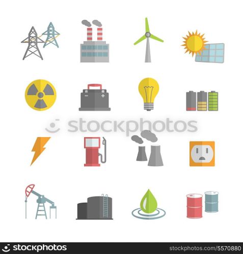 Energy power flat icons set of solar panels wind turbine and nuclear plant isolated vector illustration