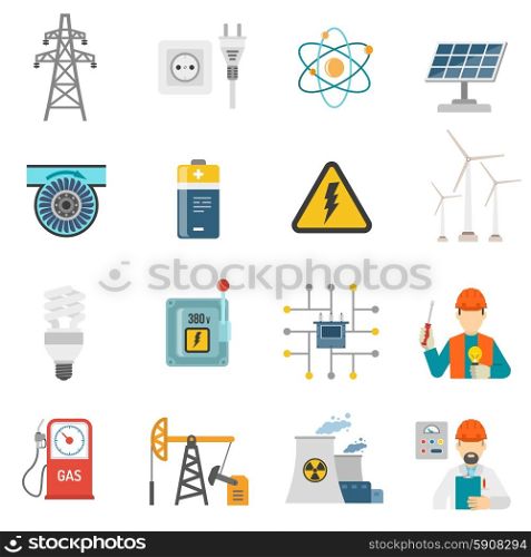 Energy power flat icons set. Wind solar and nuclear energy generating systems flat icons set with radiation sign abstract vector isolated illustration