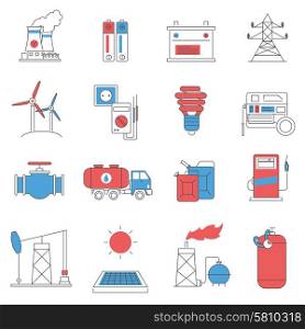Energy power line icons set . Oil extracting storage and fuel distribution power and energy systems pictograms collection line abstract isolated vector illustration