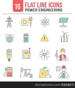 Energy power line icons set. Power transmission high voltage lines engineering icons set with clean sustainable energy sources abstract isolated vector illustration