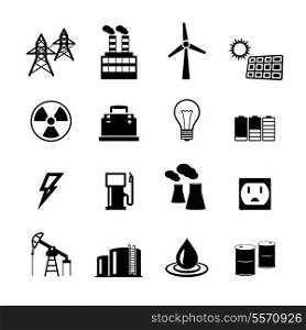 Energy power pictograms collection of light bulb electric battery and fossil fuels isolated vector illustration