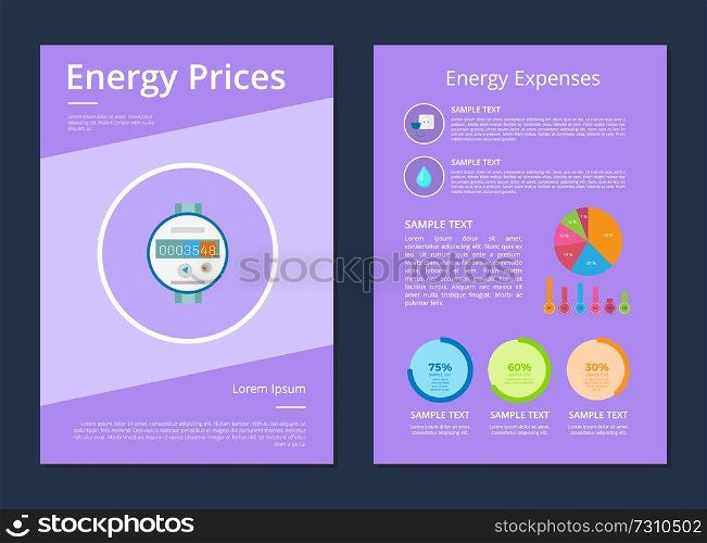 Energy prices and expenses two statistics posters, vector illustration with counter icon, bright blue water drop, colorful round diagrams, text s&le. Energy Prices and Expenses Two Statistics Posters