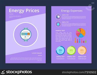Energy prices and expenses two statistics posters, vector illustration with counter icon, bright blue water drop, colorful round diagrams, text sample. Energy Prices and Expenses Two Statistics Posters
