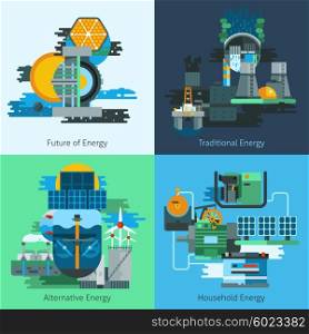 Energy production flat set. Energy production design concept set with fuel and electiricy manufacturing flat icons isolated vector illustration