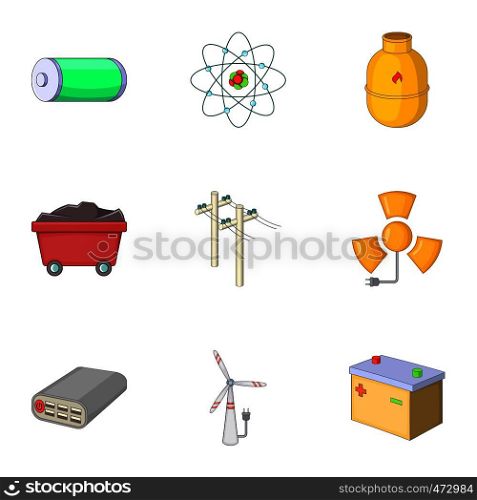 Energy resource icons set. Cartoon set of 9 energy resource vector icons for web isolated on white background. Energy resource icons set, cartoon style