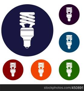 Energy saving bulb icons set in flat circle reb, blue and green color for web. Energy saving bulb icons set