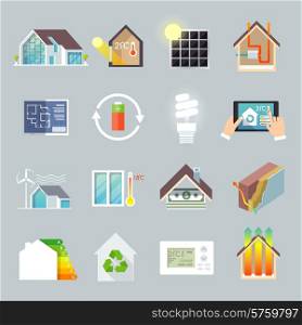 Energy saving environment friendly green house icons set isolated vector illustration