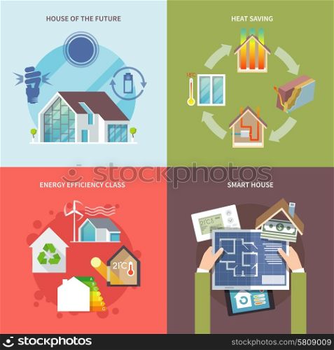 Energy saving house design concept set flat icons isolated vector illustration. Energy Saving House Flat