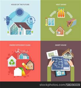 Energy saving house design concept set flat icons isolated vector illustration. Energy Saving House Flat