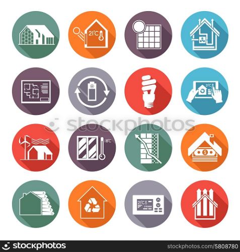 Energy saving house temperature and ventilation monitoring flat icons set isolated vector illustration. Energy Saving House