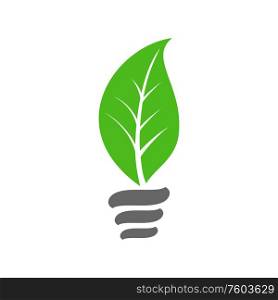 Energy saving lamp with green sprout isolated. Vector renewable sources of electricity, save ecology. Renewable sources of energy, bulb and plant