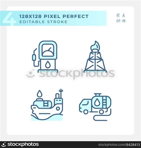 Energy sector light blue icons. Oil and gas exploration. Global trade. Petroleum industry. Power station. RGB color. Website icons set. Simple design element. Contour drawing. Line illustration. Energy sector light blue icons