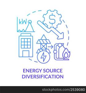 Energy source diversification blue gradient concept icon. Implementing energy plan abstract idea thin line illustration. Minimize costs. Isolated outline drawing. Myriad Pro-Bold font used. Energy source diversification blue gradient concept icon