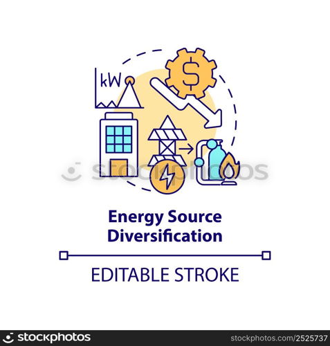 Energy source diversification concept icon. Implementing energy plan abstract idea thin line illustration. Minimize costs. Isolated outline drawing. Editable stroke. Arial, Myriad Pro-Bold fonts used. Energy source diversification concept icon