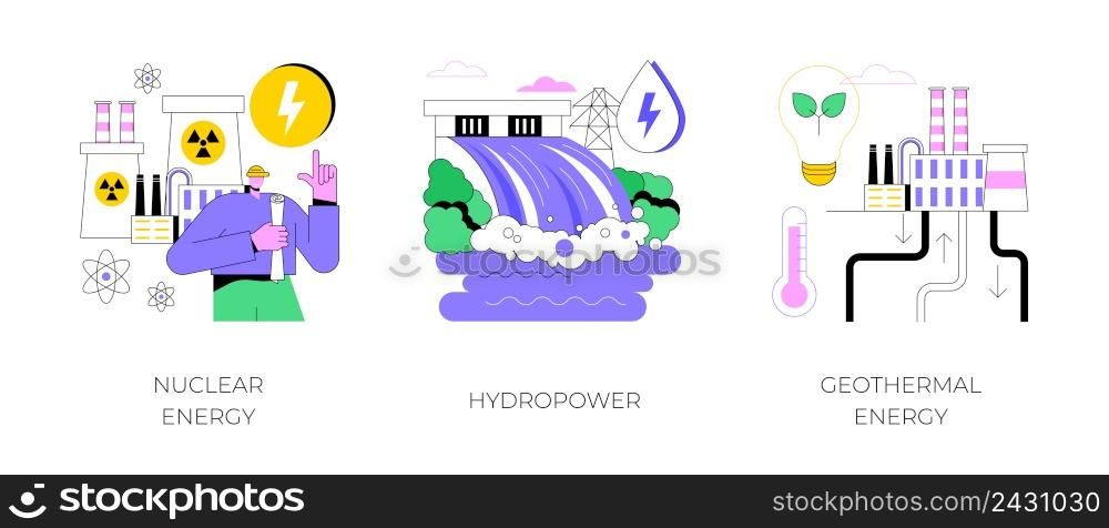 Energy sources abstract concept vector illustration set. Nuclear power plant, hydropower, geothermal energy, generate electricity, dam turbine, power plants, heat pump abstract metaphor.. Energy sources abstract concept vector illustrations.