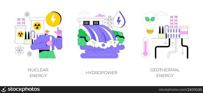 Energy sources abstract concept vector illustration set. Nuclear power plant, hydropower, geothermal energy, generate electricity, dam turbine, power plants, heat pump abstract metaphor.. Energy sources abstract concept vector illustrations.